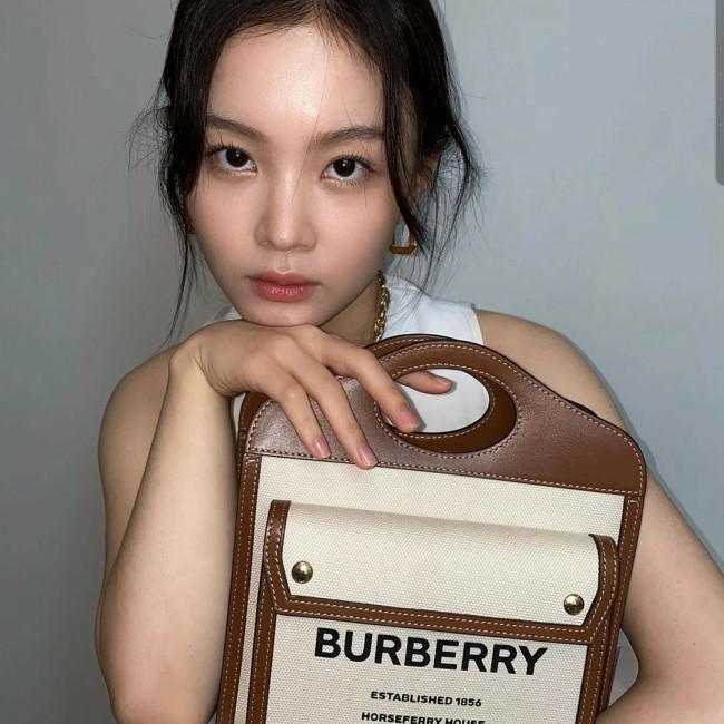 [가수 이하이] BURBERRY 버버리 투톤 캔버스 레더 포켓백