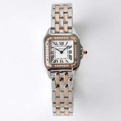CARTIER 까르띠에 팬더 드 브릴리언트 컷 다이아몬드 핑크골드 스틸 케이스 화이트 다이얼 쿼츠 메탈 시계 W3PN0006