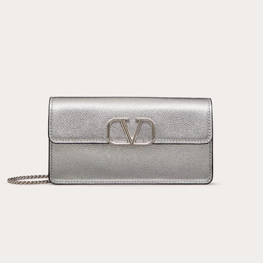 VALENTINO 발렌티노 브이로고 시그니처 메탈릭 그레인 카프스킨 체인 지갑