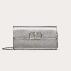 VALENTINO 발렌티노 브이로고 시그니처 메탈릭 그레인 카프스킨 체인 지갑