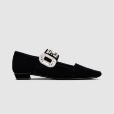 ROGER VIVIER 로저비비에 여성용 크리스탈 벨벳 메리 제인 발레 플랫 0074
