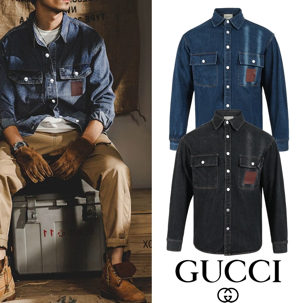 GUCCI 구찌 포켓 포인트레더 스냅 데님셔츠