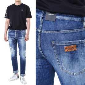DSQUARED2 디스퀘어드2 1995로고 레더패치 멀티 디스덧댐 중청 워싱진