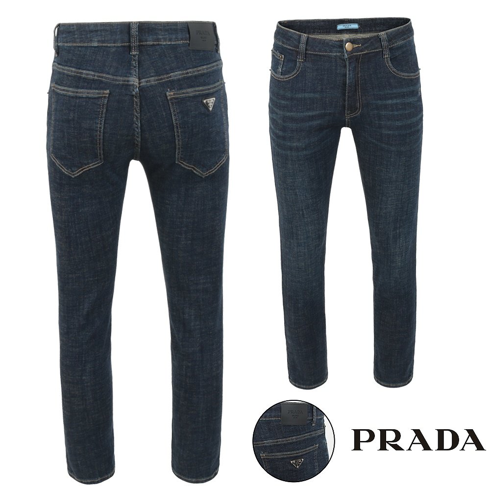 PRADA 프라다 클래식 삼각 레더 진청 슬림진