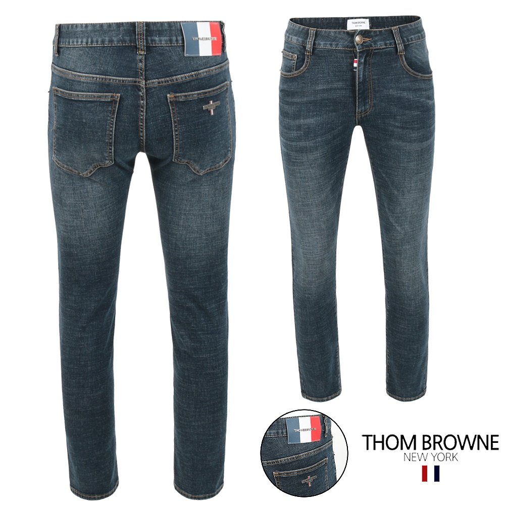 THOM BROWNE 톰브라운 삼색레더패치 스틸 중청 슬림진